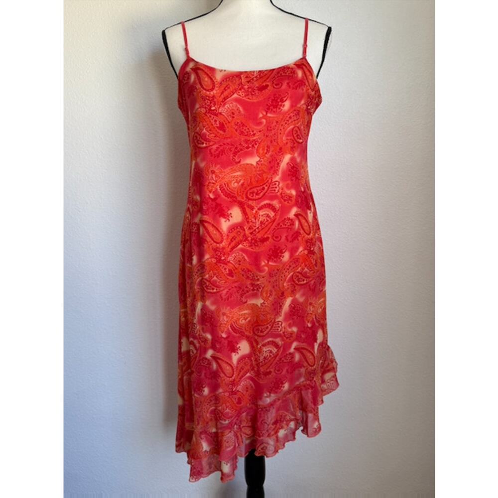 VTG Y2K‎ City Triangles Sz L Paisley Mesh Asymmetrical Hem Dress Red Romantic